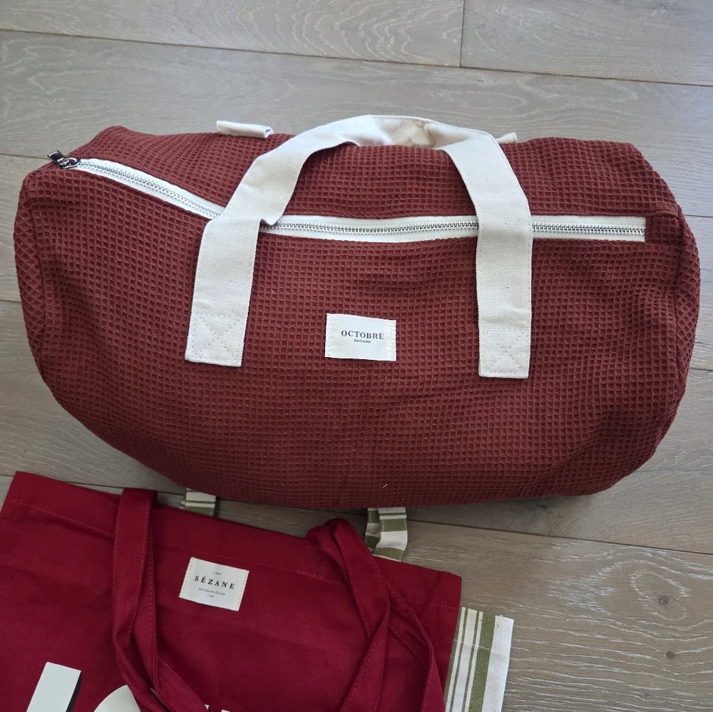 Sezane Red Canvas Tote with Cream Handles